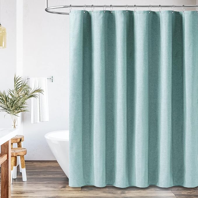 72x78 Linen Textured Waterproof Thick Fabric Shower Curtain Set, Teal | Long Size, 230GSM Polyester, Heavy Duty Cloth, Weighted Hem, 12 Plastic Hooks, Modern Luxury Hotel Style, Machine Washable