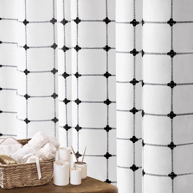Black and White Shower Curtain Boho Linen Fabric with Embroidered Plaid Pattern and Tassels for Bathroom,72" W×78" L