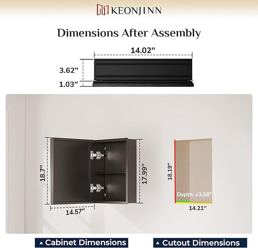 Keonjinn Small Medicine Cabinet Mirror 14" x 18", Assembly Needed, Black Bathroom Medicine Cabinet with Mirror, Beveled Framed, Stepless Adjustable Shelf, One Shelf Only, Wall-Mounted or Recessed