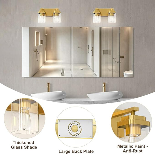 Brushed Gold Bathroom Light Fixtures, 2 Lights Bathroom Lighting Fixtures Over Mirror, Square Design & Rectangle Large Backplate, Modern Vanity Lighting Fixtures, for Living Room/Bedroom