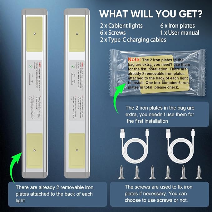 10inch Under Cabinet Lighting with 3 Color Temps, 2 Pack Rechargeable Motion Sensor Light Indoor, 5 Levels Dimmable Magnetic Closet Lights, Wireless Under Counter Lights for Kitchen, Stairs