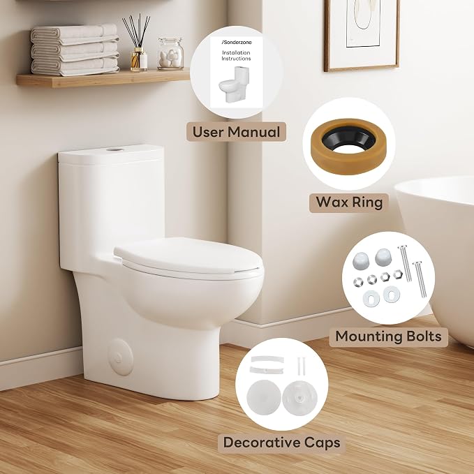 Sonderzone Elongated One Piece Toilet for Bathroom, Modern 17.3" ADA Comfort Height Design, Soft Closing Seat, High Efficiency Dual Flush (1.1/1.6 GPF), 12" Rough-In, MAP 1000g, White Toilet Bowl