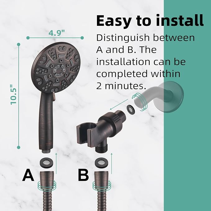 Cobbe 8-Setting Handheld Shower Head, Water-Saving Design, ORB | Trickle Pause Mode, 5ft Stainless Steel Hose, Brass Swivel Bracket, Tool-Free Installation