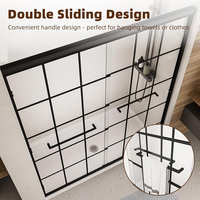 Semi-Frameless Sliding Shower Door 56-60"W x 72"H ,Grid Pattern Matte Black | Grid Pattern Design,6mm SGCC Tempered Glass,Nano Coating Easy Clean.Walk-in & Bathtub Use,Reversible Installation