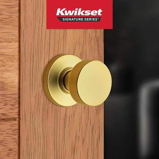 Kwikset Pismo Interior Passage Door Knob, Handle for Closet and Hallway Doors, Non-Locking Doorknob, Satin Brass, Round, Microban Protection (Pack of 10)