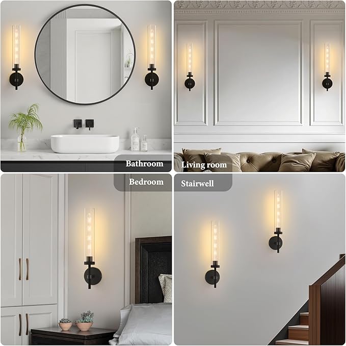 Brass Knurled Tube Wall Sconce - Set of 2 Luxury Modern Glass Sconces with Bulbs - Vertical Mounted Light Fixture - Black Dimmable Indoor Lighting for Vanity Bathroom Bedroom Living Room Hallway
