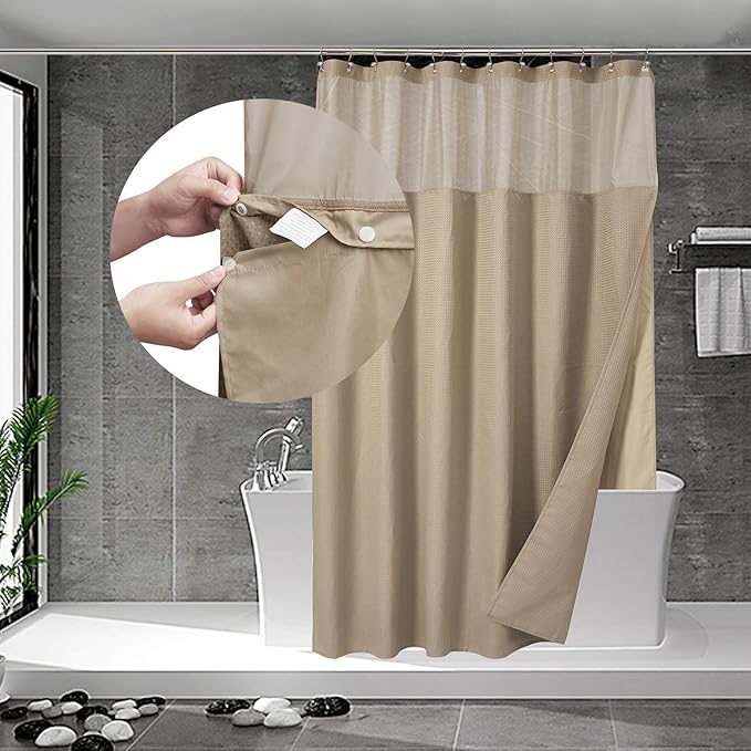 N&Y HOME Extra Long Waffle Shower Curtain with Snap Liner 71x84, Linen | 12 Hooks & Snap on Fabric Liner, Washable, Mesh Window, Hotel Style, 84 inches Length Shower Curtain Set for Bathroom