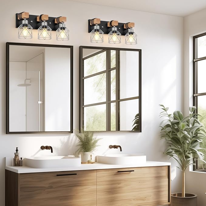 FadimiKoo 3-Light Wood Bathroom Light Fixtures Over Mirror, Rustic Black Silver Famhourse Sconces Wall Decor with Elegant Metal Lampshade for Living Room, Bedroom, Porch