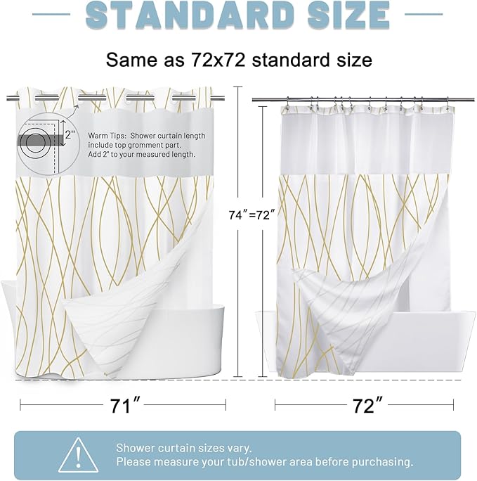 Gold White No Hook Shower Curtain with Liner, 71 x 74 Inch | Stripe Pattern,Waterproof,Quick Dry,Mesh Top Window,Bottom Magnets,Hotel Style,Machine Washable,Modern,for Bathroom