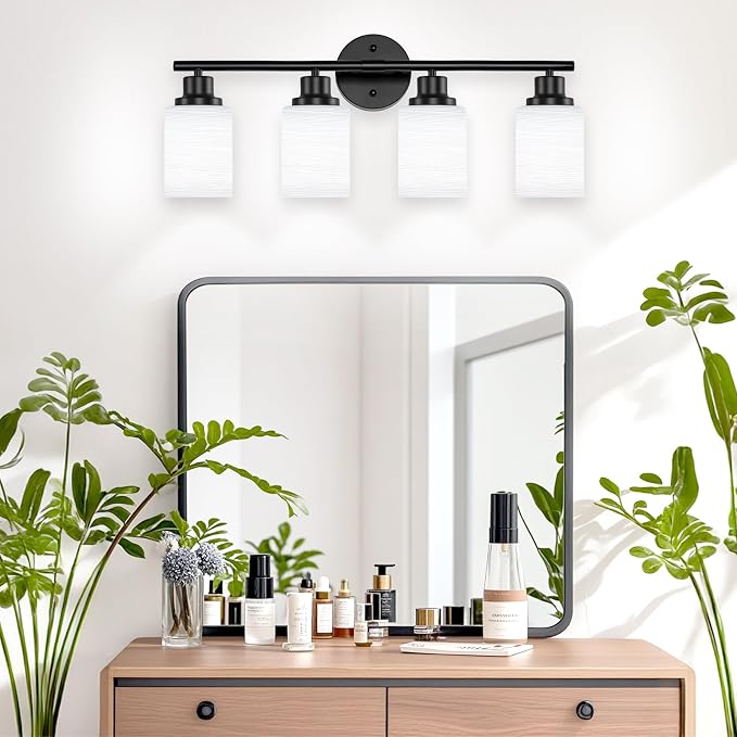 4-Light Bathroom Light Fixtures, Black Vanity Lights for Mirror with Textured Milky White Glass Shade, Modern Kitchen Light Fixtures Wall Sconce Light - E26 Base