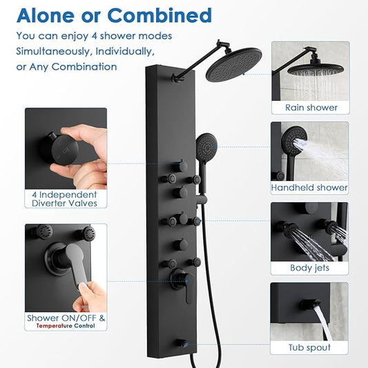 ROVOGO Shower Panel Tower System, Simultaneous 4 Shower Modes, Matte Black | Rain Shower Head+Handheld+Body Jets+Tub Spout, Height Adjustable Shower Arm, Stainless Shower Column W/ Brass Valve, 43.3"