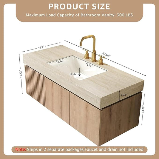 48” Floating Bathroom Vanity with Sink, Wall-Mounted Cabinet with Drawer & Doors, Roma Travertine-Pattern Countertop, Undermount Basin, 3 Faucet Hole, Soft-Close, Pre-Assembled, Light Oak