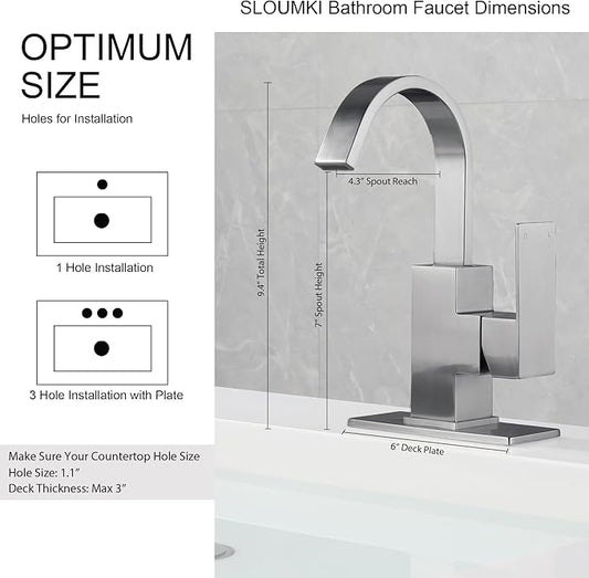 Brushed Nickel Bathroom Faucet with 360 Degree Swivel Spout Waterfall Faucet for Bathroom Vanity,Single Hole Bar Sink Faucet with Hose and 6 "Deck Plate,SL5004BN