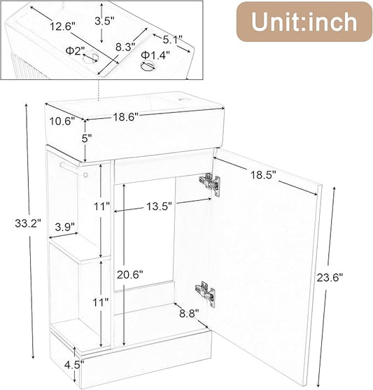 18.6" Bathroom Vanity with Ceramic Sink, Freestanding Cabinets with Open Shelf and Toilet Paper Holder, Left or Right Door Orientation, White