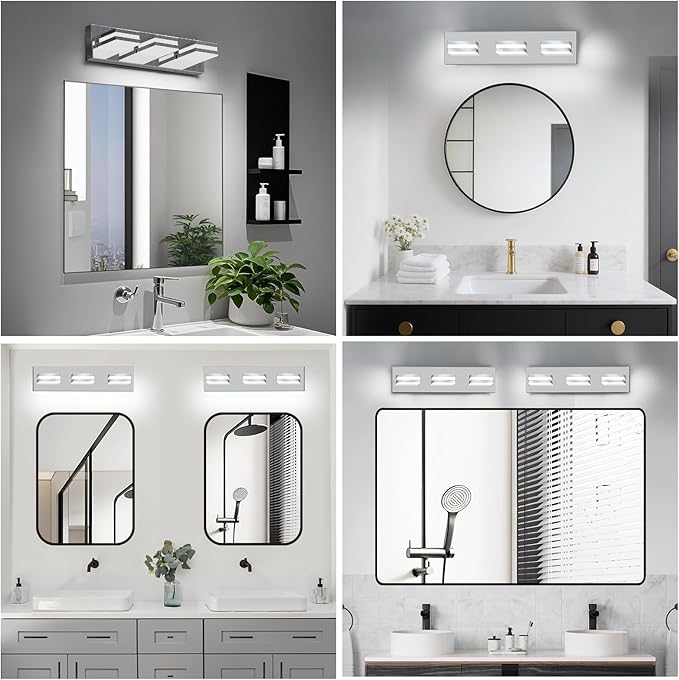 IZORRO LED Modern Bathroom Lights Fixtures(3-Light,Dimmable),Chrome Acrylic Wall Lighting,Vanity Lights for Bathroom Over Mirror - 6000k 16In (No Assembly Required)