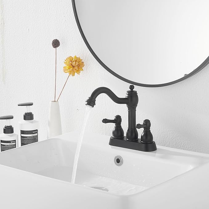 GGStudy Matte Black Bathroom Faucet 2 Handles 4 Inches Centerset RV Black Bathroom Vanity Faucet with Drain Assembly and Supply Hose Lavatory Faucet