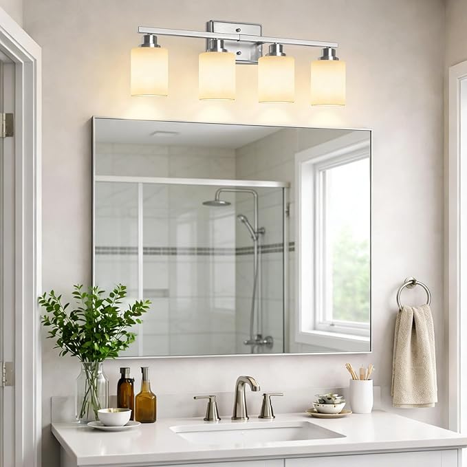 4-Light Bathroom Light Fixtures, Modern Brushed Nickel Vanity Light Over Mirror, Wall Sconces with Milky White Glass Shades for Living Room Bedroom Hallway E26 Base