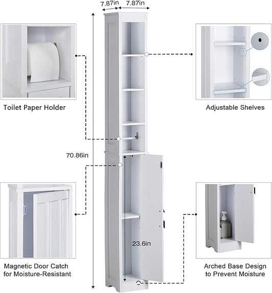 VECELO Storage Cabinet, 71" Tall Narrow Bathroom Cabinet with Adjustable Shelves, Toilet Paper Holder, Magnetic Door, for Small Spaces, Pearl White