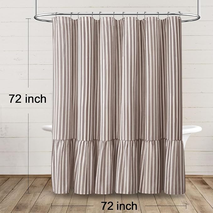 Farmhouse Shower Curtain Ruffle Linen White-Brown Stripe 72"W x 72"L | Farmhouse Boho, Striped, Bottom Ruffle, Cotton Fabric, Rustic, Country, Natural Look, Washable, for Bathroom Bathtub