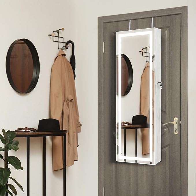 GOFLAME LED Mirror Jewelry Cabinet 47”, Wall/Door Mounted Full Length Mirror with Storage, 3-Color Lights, Interior Makeup Mirror, Lockable Jewelry Storage Organizer, Jewelry Armoire, White