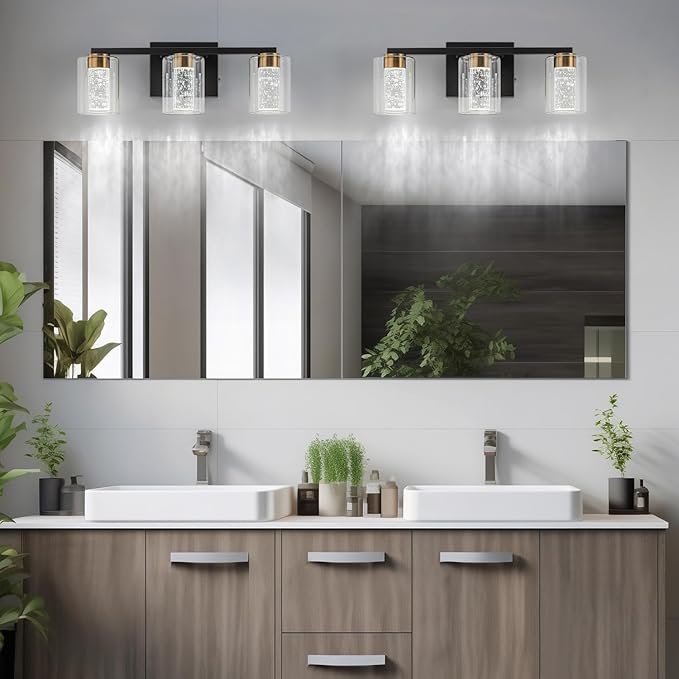 SineRise 3-Light Black and Gold Vanity Light with 3 Color Modes (3000K/4000K/6000K), Eye Protection LED Bathroom Light Fixture, Dimmable Modern Wall Light Over Mirror with Clear Glass Shade