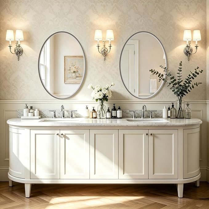 Brushed Nickel Oval Bathroom Mirror 20x28 Inch | Silver Vanity Mirror, Crystal-Clear HD Glass, Rust-Proof Aluminum Frame, Inner-Curved Decor for Bedroom, Entryway Renovation