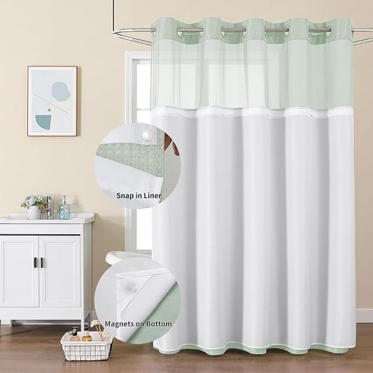 Colorful Star Mint Green No Hook Waffle Shower Curtain Set, 72" W x 75" L | Waterproof Shower Curtain with Snap in Fabric Liner and Mesh Top Window, Hotel Style Heavy Duty Thick Bathroom Curtain