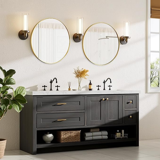 30 Inch Round Bathroom Mirror for Wall, Matte Gold Metal Framed | Circle Vanity Mirror for Bathroom Bedroom Living Room Entryway, Anti-Rust, Tempered Glass, Hanging or Leaning