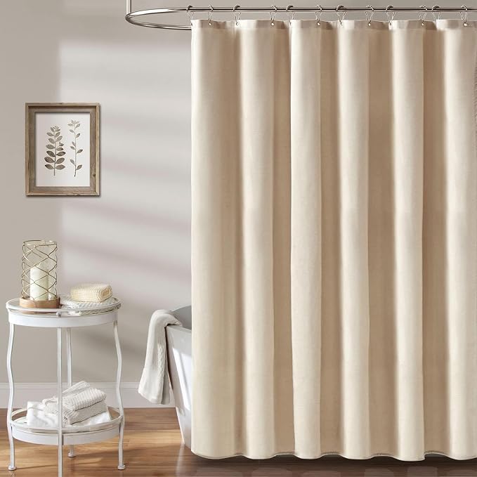 72x90 Linen Textured Waterproof Fabric Shower Curtain Set, Beige/Cream | Long Size, 230GSM Polyester, Heavy Duty Cloth, Weighted Hem, 12 Plastic Hooks, Modern Luxury Hotel Style, Machine Washable