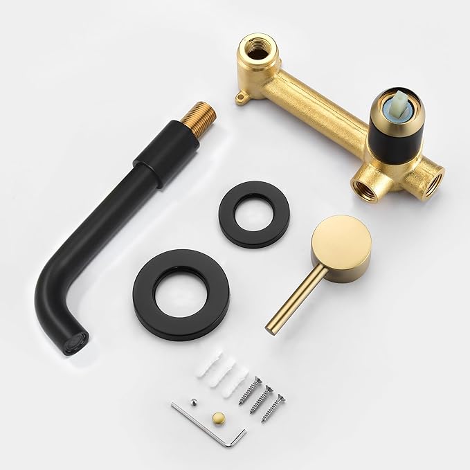 SUMERAIN Wall Mount Bathroom Faucet, Black and Gold | One Handles, Rough in Valve Included, For Bathroom Sink, Swivel Spout