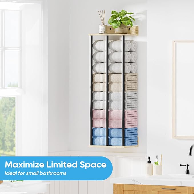 Towel Racks for Bathroom Wall Mounted, 3 Bar Wall Towel Rack | Metal Towel Holder with Wooden Shelf, Sturdy and Large Capacity, Towel Storage Organizer for Rolled Towels