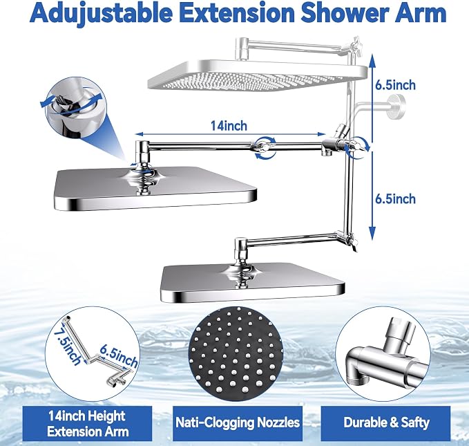 13" Rainfall Shower Head with Handheld Spray Combo, Push-Button Diverter | 3-Mode Handheld Shower, Height-Adjustable Extension Arm, Easy Install in 15 Min (Chrome)