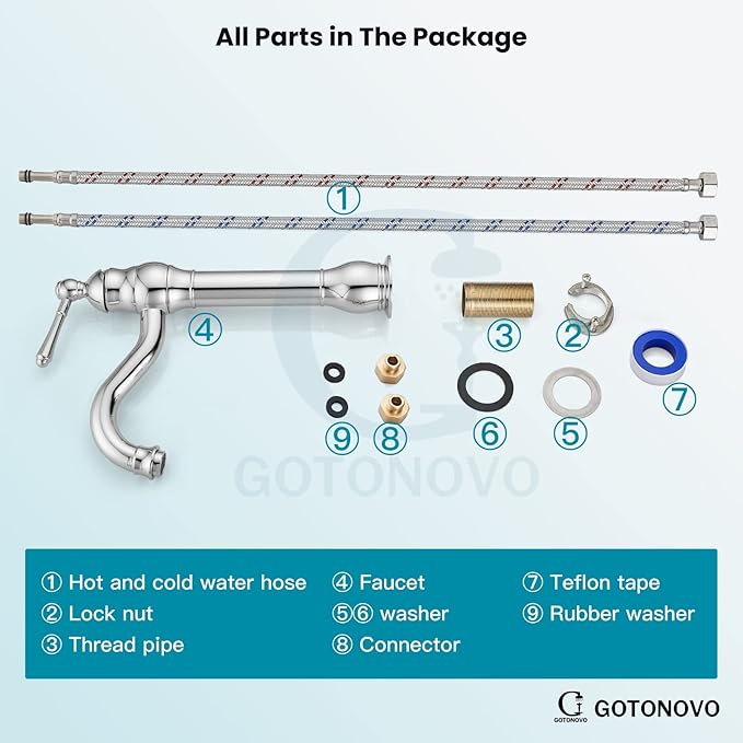 gotonovo Vintage Bathroom Vessel Sink Faucet, Polish Chrome, No Drain | Tall Bathroom Faucet 1 Hole Single Handle, 360° Swivel Spout, cUPC Water Lines, Lead-Free, for Farmhouse Vanity Washbasin RV