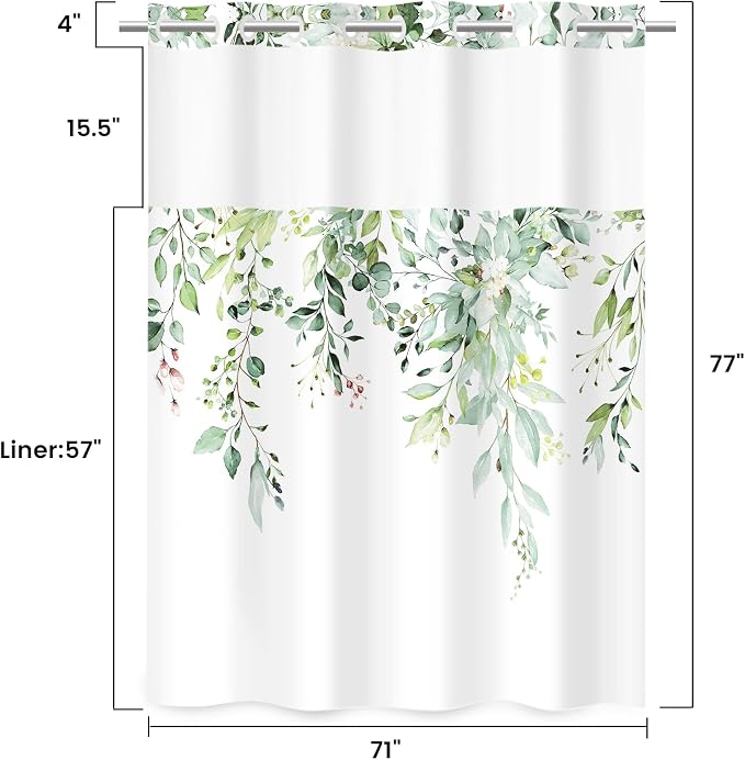 No Hook Shower Curtain with Liner, Eucalyptus Sage Green, 71x77 | Snap in Liner, 3 in 1, Water Repellent, Easy Install, Machine Washable, Hotel Style for Bathroom, Watercolor Pattern