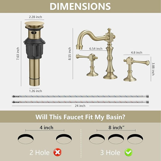 BWE 8 Inch Vintage Brass Bathroom Faucet for Sink 3 Hole Brushed Gold Bathroom Sink Faucet with Pop-up Drain and Supply Lines 2 Handle Widespread Bathroom Faucet Solid Brass