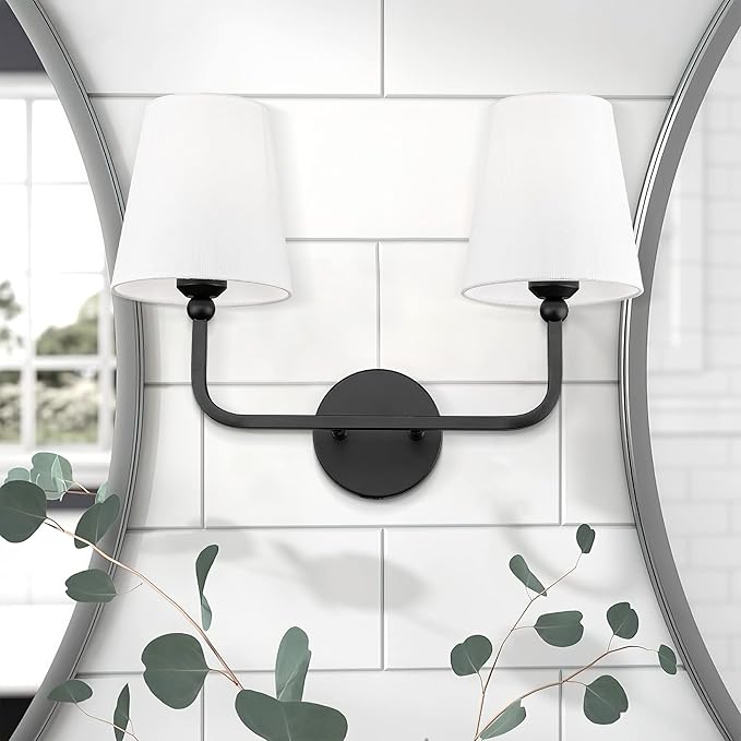 2-Light Matte Black Bathroom Vanity Light, White Fabric Shades | 17" double wall sconce, upward only, E26 base, hardwired, bulbs not included, VL837-MB-2