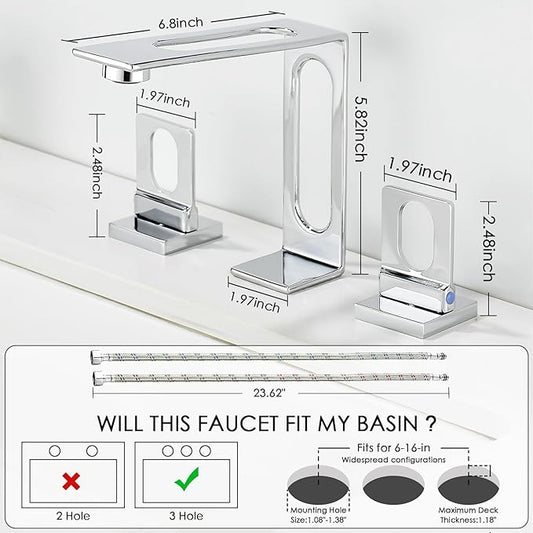 BAKALA Chrome Bathroom Faucet 3 Hole, 8 inch Widespread Bathroom Sink Faucet, 2-Handle Modern Vanity Faucet with Water Supply Lines, Hollowed Design