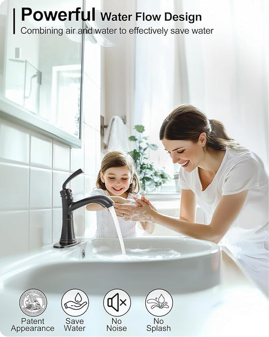 Brass One Hole Bathroom Faucet, 4 Inch Oil Rubbed Bronze Bathroom Faucets 3 Hole, Bathroom Sink Faucet Single Handle, Vanity Sink Faucet with Deck Plate, Pre-Installed Hoses, Pop-up Drain