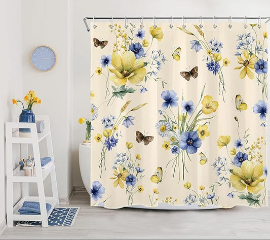 HVEST Wildflower Shower Curtain for Bathroom, Blue and Yellow Floral and Wheat with Butterfly Shower Curtain with Hook, Country Daisy Flower on Beige Shower Curtain Set Bathroom Decor, 72X78 inch