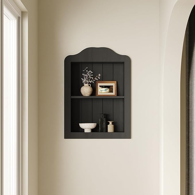 CJL 14‘’ x 18‘’ Recessed Medicine Cabinet, Solid Wood in-Wall Bathroom Cabinet, Victorian Wall Niche Shelf, 2-Tier, Black