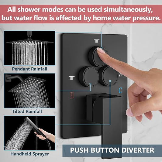 Aolemi Ceiling Shower Faucet Set System Dual Head 12&6 Inch Matte Black | 2 in 1 Handheld Spray,Shower Valve and Trim Kit,Push Button Diverter, 12"Top+6" Wall Rain Head,Bathroom Mixer for Couple