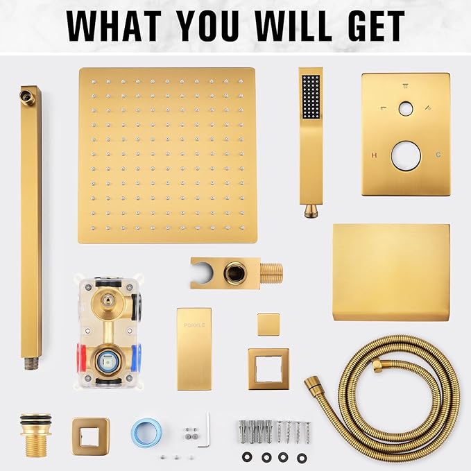 12 Inch Rainfall Shower System with Tub Spout Wall Mounted Complete Combo with Solid Brass Pressure Balancing Valve, High Pressure Shower Head, Handle Set & Installation Accessories