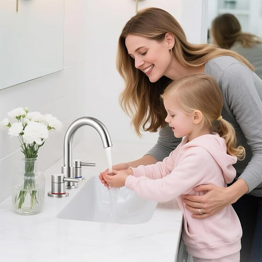 Bathroom Faucet 3 Hole, Brushed Nickel Bathroom Sink Faucet with Pop Up Drain, 8 inch Widespread Bathroom Faucet with 360ยฐ Swivel Spout, 2 Handle Vanity Faucet with Water Supply Hoses