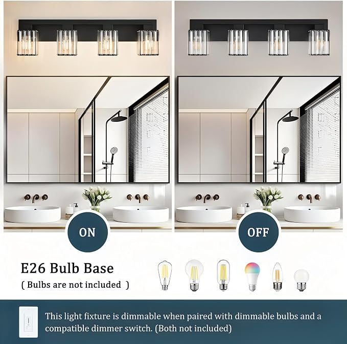 4-Light Black Crystal Vanity Light Bathroom Lighting Fixtures Over Mirror | Wall Sconces with Square Crystal Shades, E26 Socket, Modern Vanity Lights for Bathroom (Bulbs Not Included)