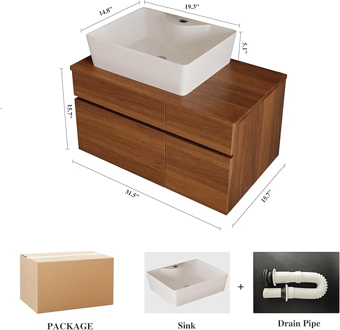 31.5 inch Wood Bathroom Vanity with Sink Combo, Wall Mounted Bathroom Cabinet with Ceramic Vessel Sink, 2 Soft Close Doors & Sliding Drawer, Floating Modern Bathroom Vanity for Small Space, Walnut