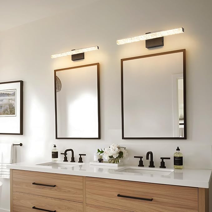 24 Inch LED Bathroom Vanity Light Fixtures, 5CCT Color Changeable Modern Wall Sconce with Iceberg Crackle Acrylic, Dimmable Matte Black Vanity Lighting for Mirror Cabinet, Makeup & Restroom