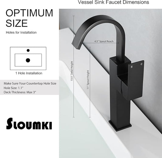 Matte Black Vessel Sink Faucet, Single Handle Tall Bathroom Faucet,Waterfall Bathroom Faucet Single Hole Lavatory Vanity Tap Single Hole Bar Sink Faucet with Pop Up Drain and Supply Lines,SL50044BK