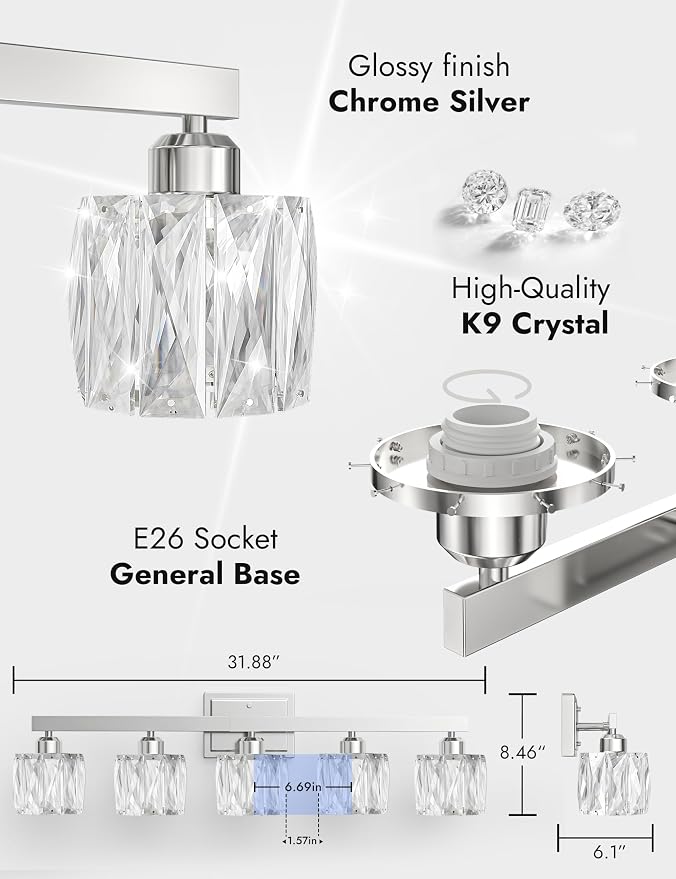 VOLISUN Crystal Vanity Lights for Bathroom, 5 Light Bathroom Vanity Light, Modern Stainless Steel Bathrooms Lights Over Mirror, Chrome Bathrooms Lights Fixtures-UL Certificated(Exclude Bulb)