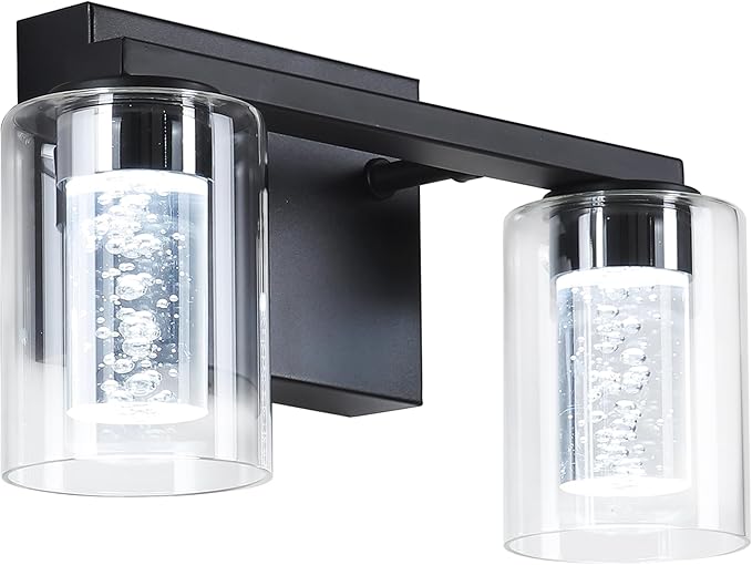 2-Light Bathroom Light Fixtures, Black Modern Vanity Lights with Clear Glass Shade, LED Bathroom Wall Lighting with Crystal Bubble for Mirror Hallway Cabinet Porch