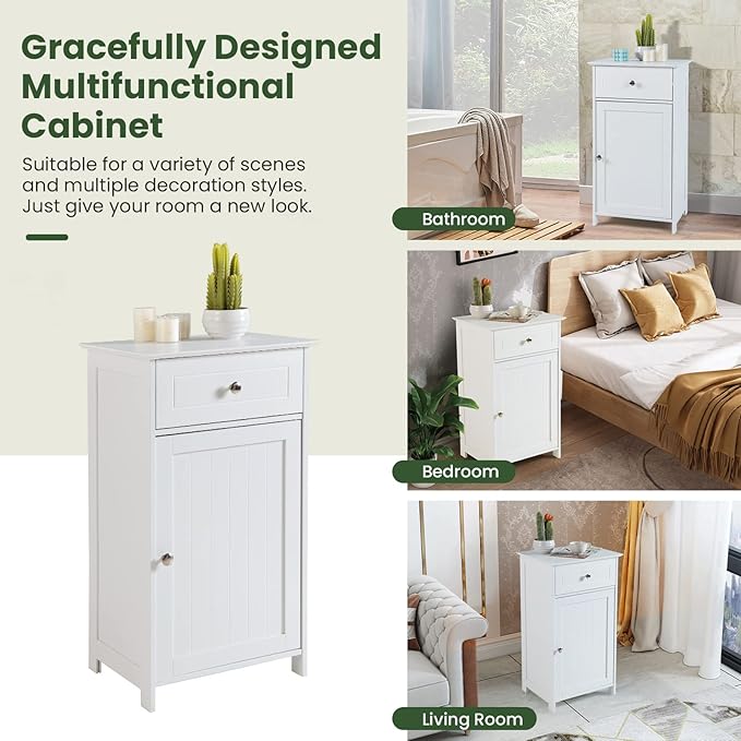 COSTWAY Bathroom Storage Cabinet, Wooden Freestanding Storage Organizer with Deep Drawers & Adjustable Shelf, Single Door Floor Cabinet for Living Room, Bathroom, Kitchen, Entryway, White